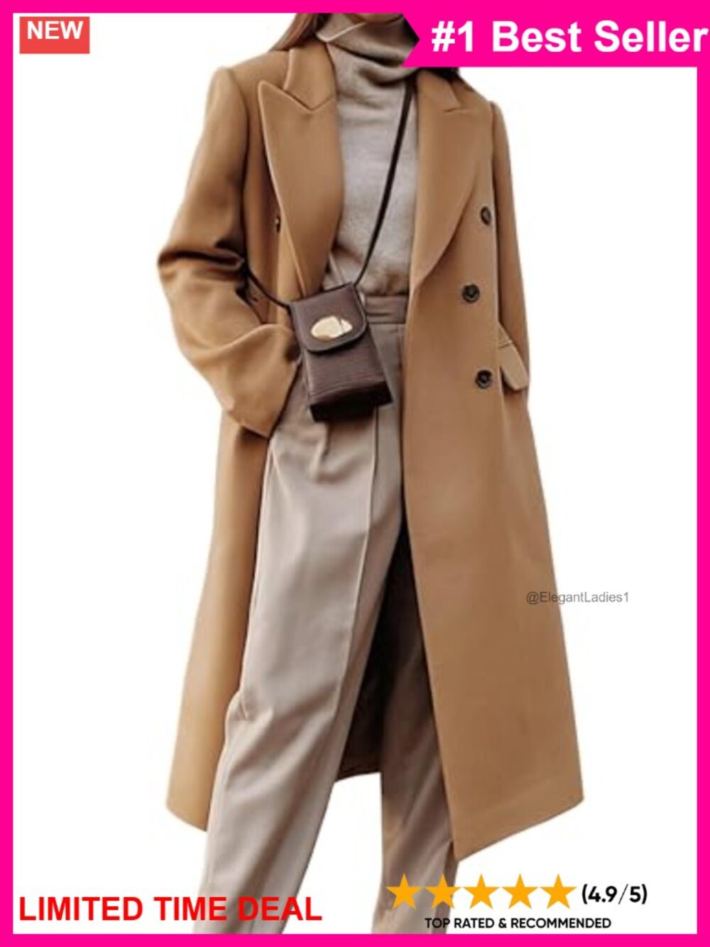 Womens Long Wool Blend Double Breasted Trench Pea Coat Notch Collar Fall Winter